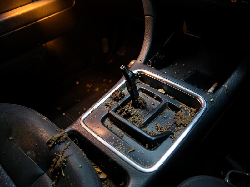 Voetruimte en middenconsole van een Mercedes A-Klasse vol opgedroogd vuil vóór de dieptereiniging in Zottegem