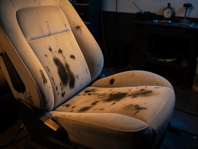 Beige stoffen zetels van een Volkswagen Beetle Dune met donkere vlekken vóór de reiniging