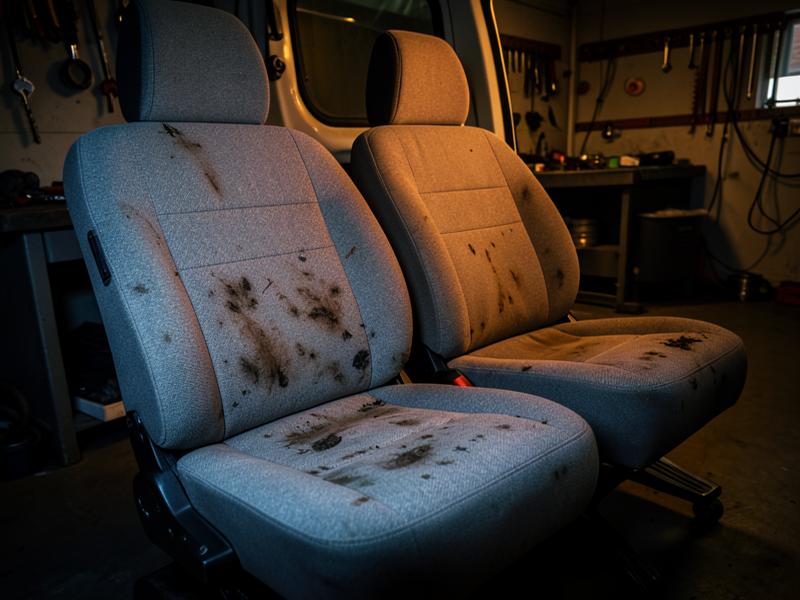 Grijze stoffen zetels van een Citroën Berlingo met ingetrokken vuil vóór de behandeling