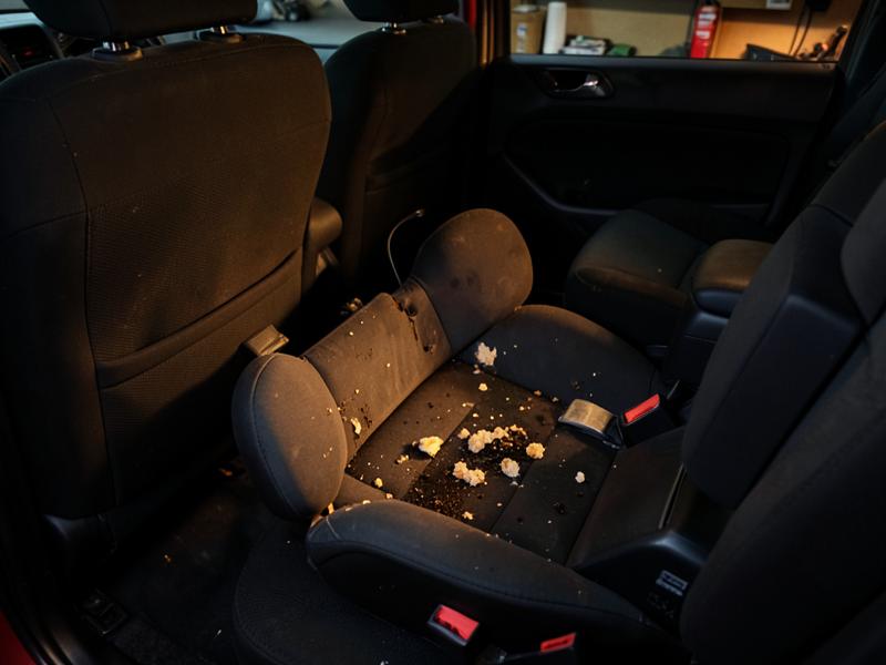 Achterbank van een Škoda Enyaq met opgedroogde vlekken en kruimels rond het kinderzitje